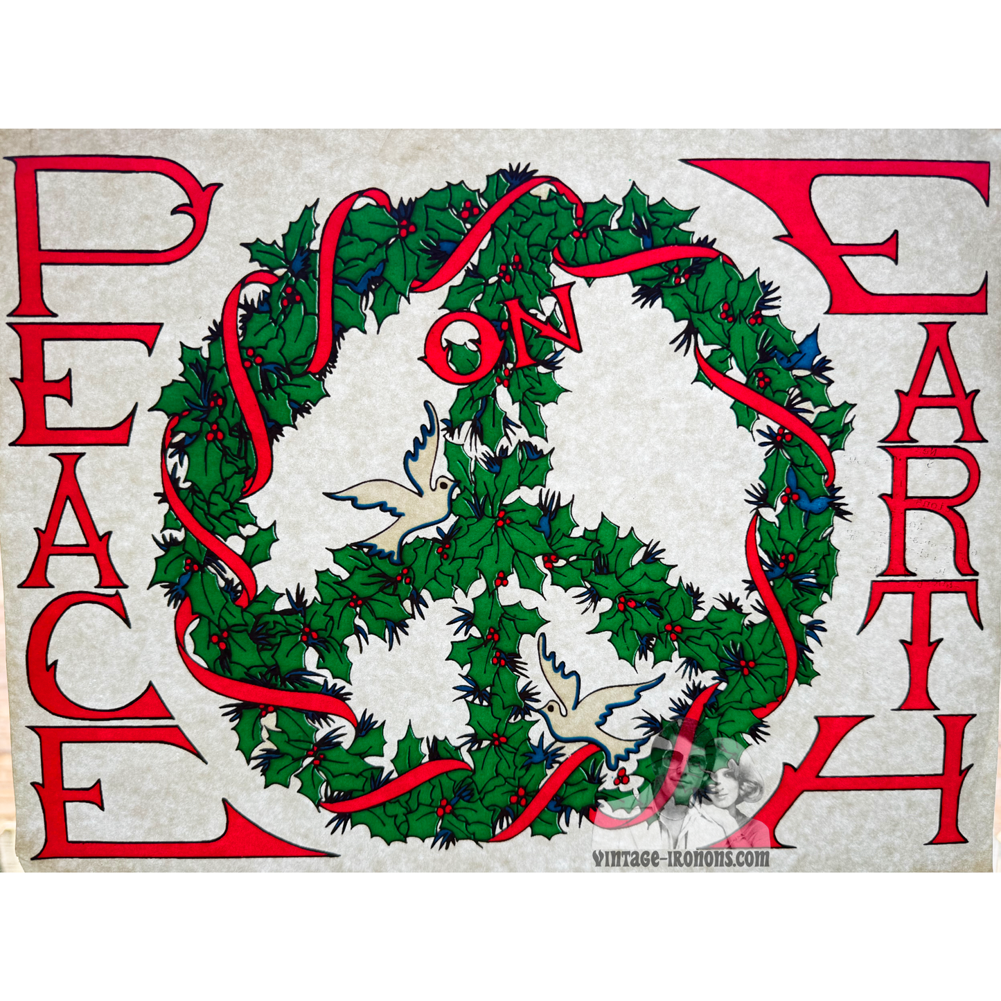 Peace on Earth Christmas Vintage Iron On Heat Transfer with Gritty Ink