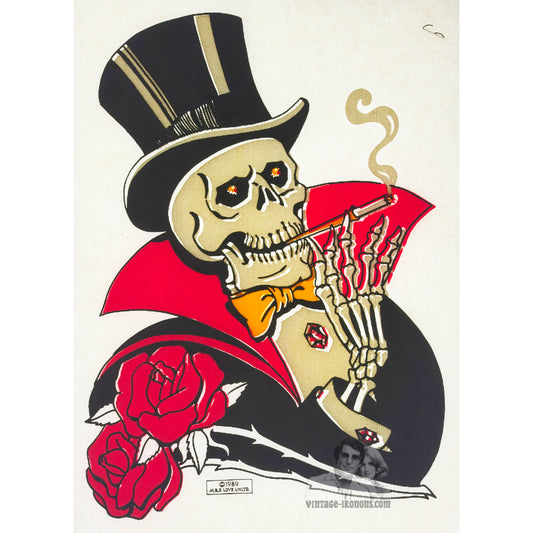 Top Hat Smoking Skeleton with Roses Vintage Iron On Heat Transfer
