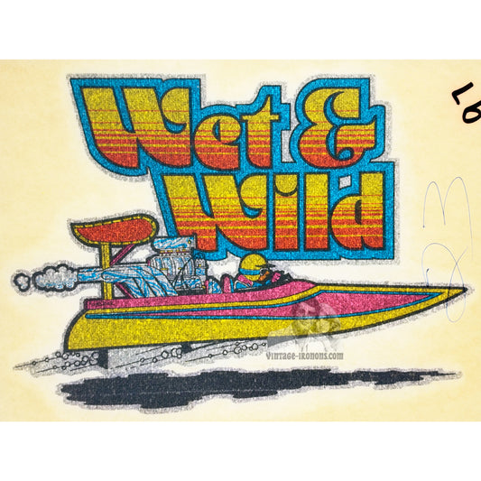 Wet & Wild Speed Boat Racing Vintage Glitter Iron On Heat Transfer
