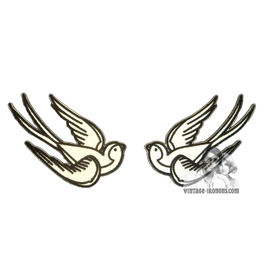 White & Black Swallow / Sparrow Birds Iron-on Patch Left and Right Set