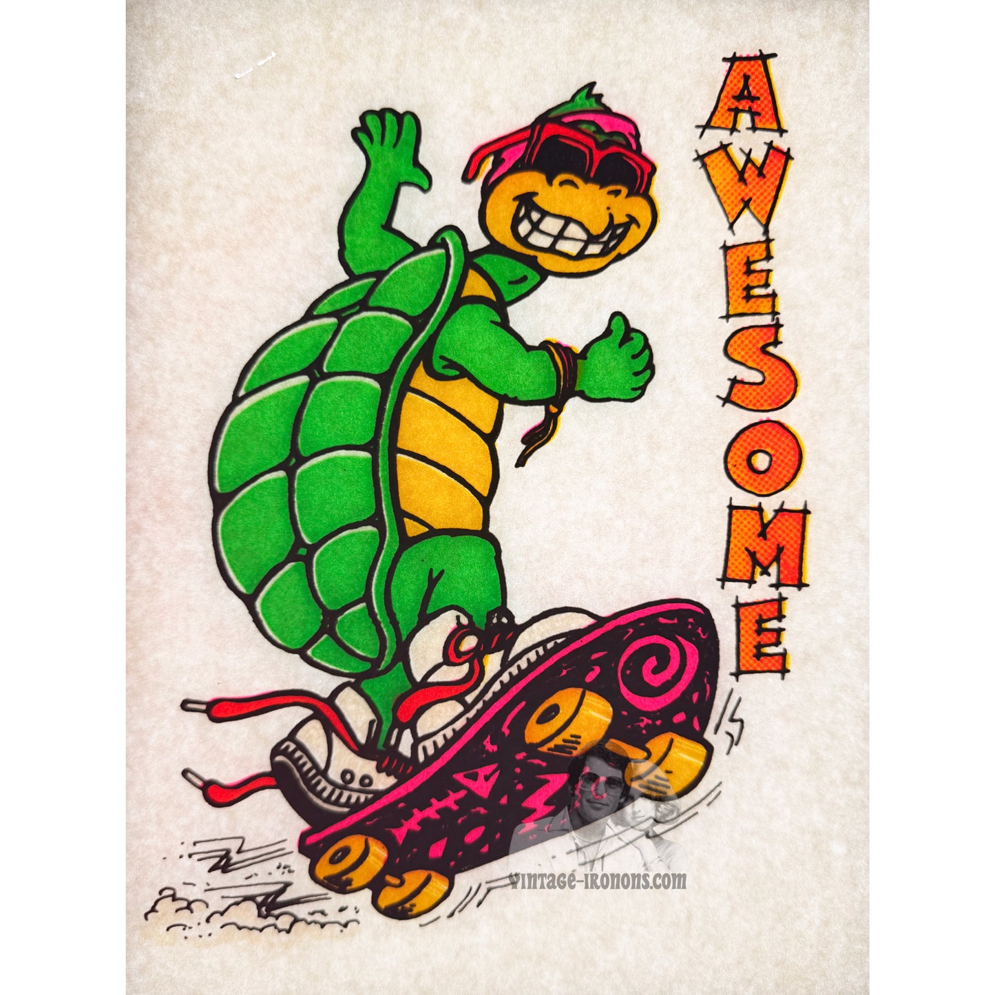 Awesome Turtle Skateboarding Vintage Iron On Heat Transfer with Gritty Ink