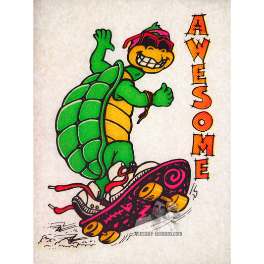 Awesome Turtle Skateboarding Vintage Iron On Heat Transfer with Gritty Ink
