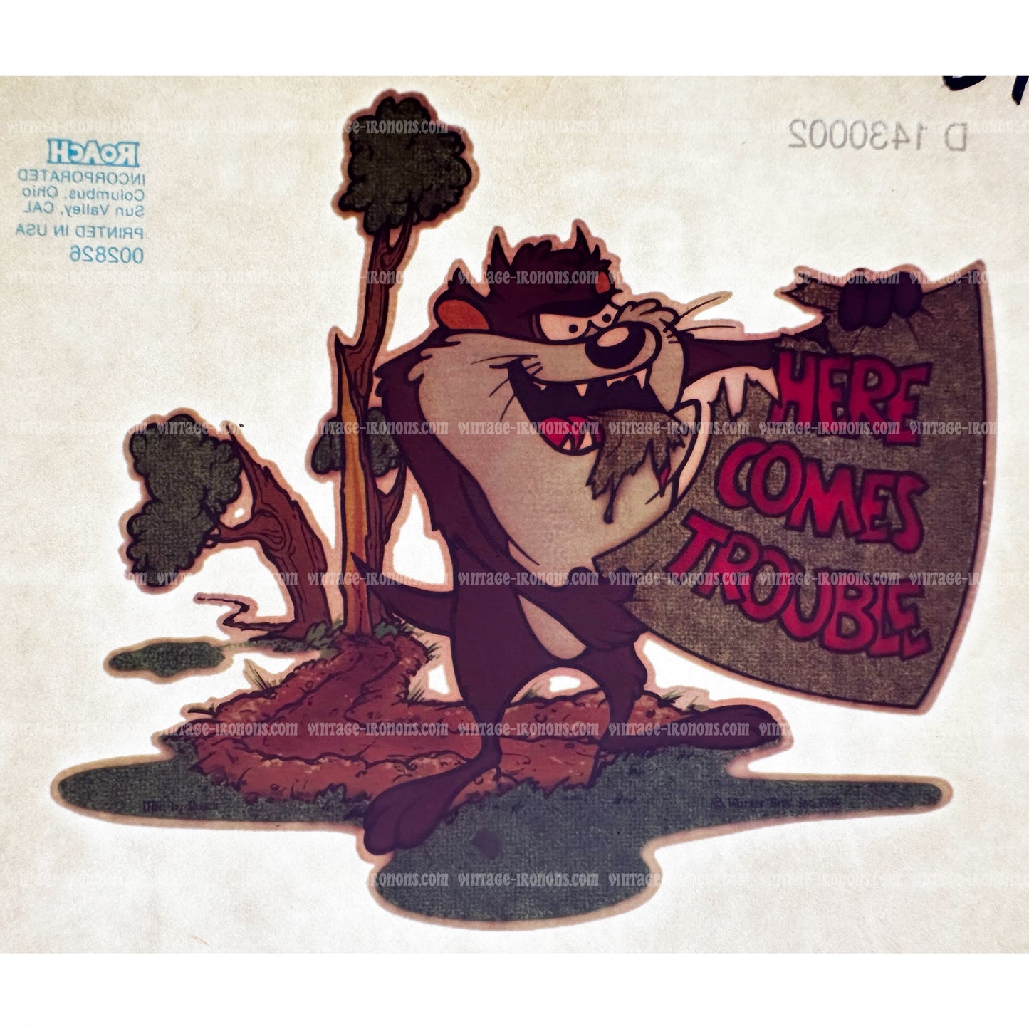 Here Comes Trouble Tasmanian Devil Warner Bros. Vintage Iron On Heat Transfer