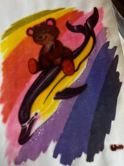 Teddy Bear with Dolphin Vintage Iron On Heat Transfer