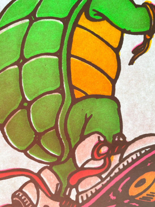 Awesome Turtle Skateboarding Vintage Iron On Heat Transfer with Gritty Ink